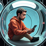 **A stylized digital painting depicting a person trapped inside a social media "filter bubble," surrounded by screens displaying similar viewpoints. The color palette should be muted and claustrophobic, with hints of bright, enticing content just out of reach. The person's expression should reflect a mix of comfort and unawareness.**