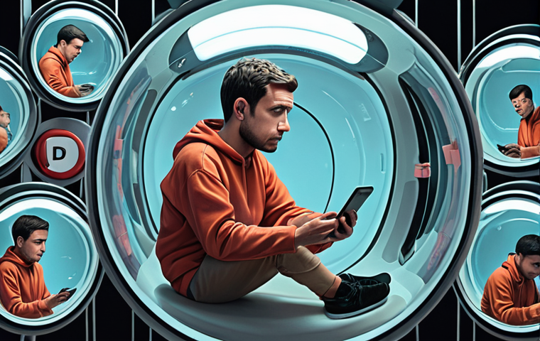**A stylized digital painting depicting a person trapped inside a social media "filter bubble," surrounded by screens displaying similar viewpoints. The color palette should be muted and claustrophobic, with hints of bright, enticing content just out of reach. The person's expression should reflect a mix of comfort and unawareness.**